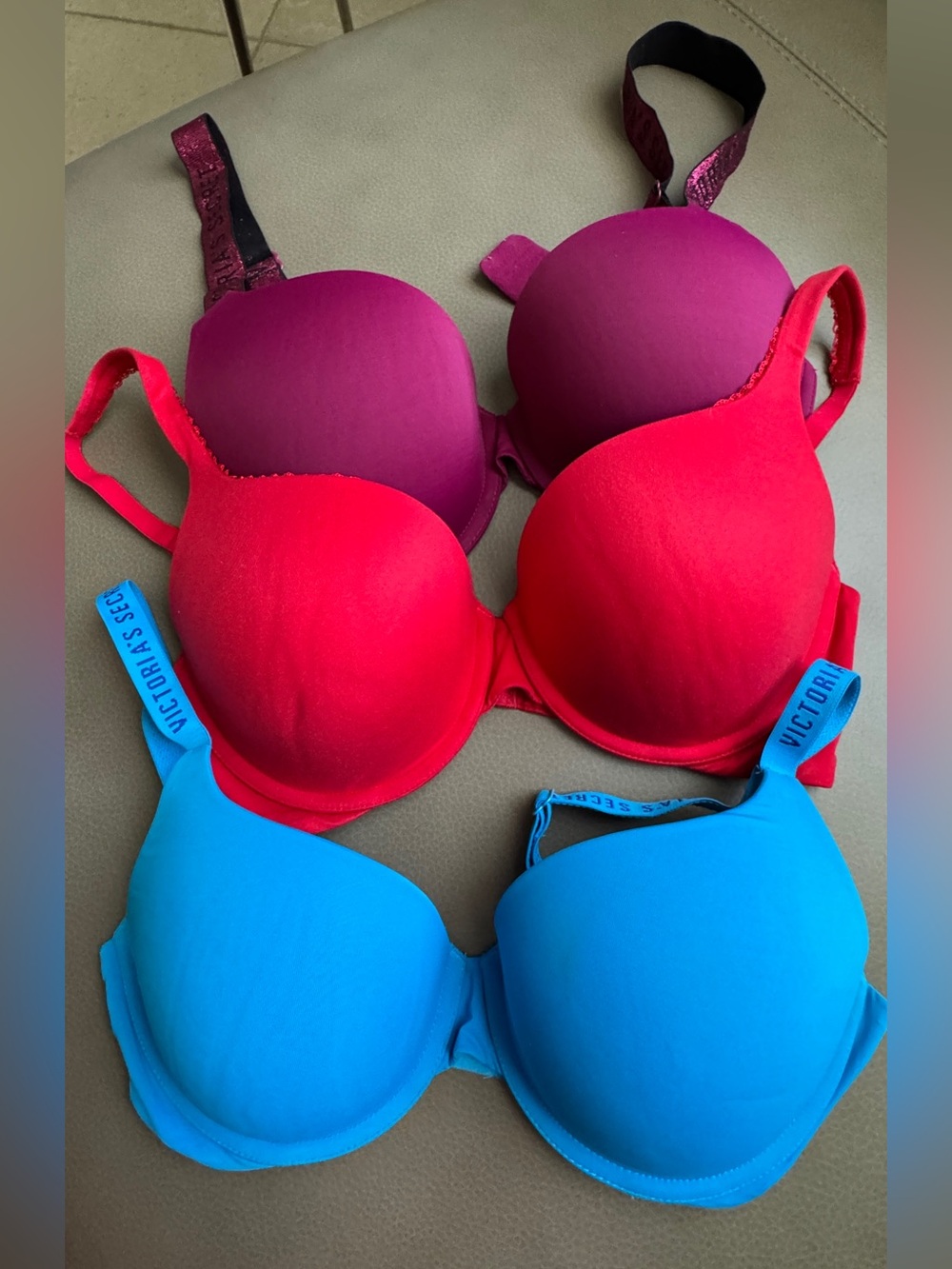 Victoria's Secret T-Shirt Bras in Magenta, Red, and Bright Blue